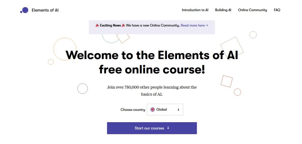Screenshot der Website https://www.elementsofai.com/